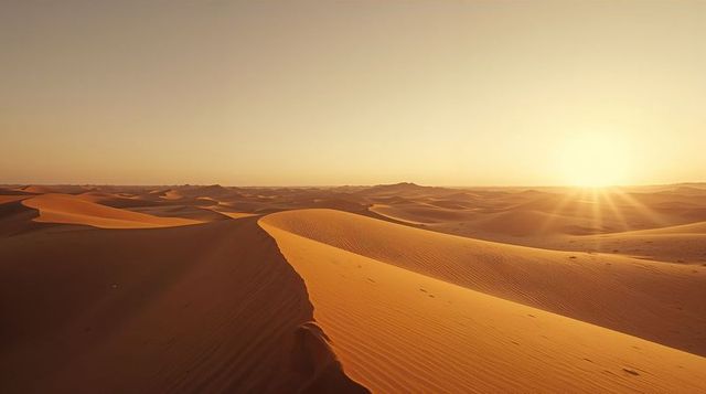 Golden desert dune ridge at sunset showing rippling sands and dramatic long shadows