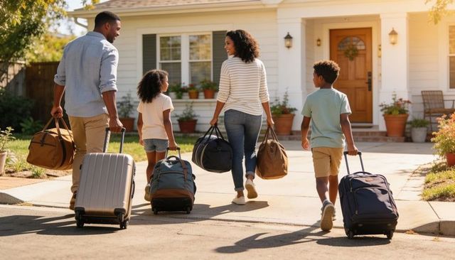 Family returning home with luggage walking toward suburban house during golden hour
