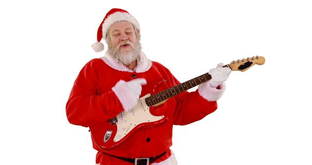 Senior man dressed as Santa Claus playing an electric guitar, creating joyful and festive holiday vibes. Ideal for holiday promotions, Christmas party invitations, entertainment advertisements, and festive social media posts.