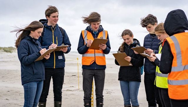 Students conducting coastal field survey measuring stakes on windy beach with clipboards