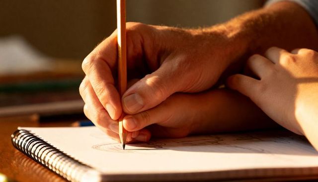 Adult Guiding Child Hand Drawing with Pencil on Spiral Notebook in Warm Natural Light
