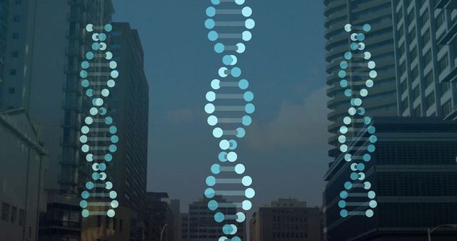 Digital DNA Helix Over Urban Strata
