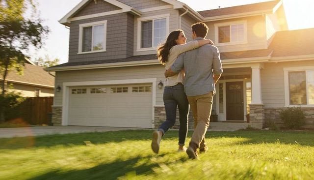 Young couple walking toward new suburban home at golden hour embracing future together