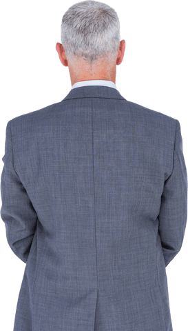 Rear View of Mature Businessman in Gray Suit on Transparent Background
