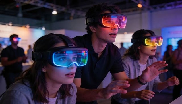 Group interacting with neon ar headsets at tech expo demonstrating immersive collaboration