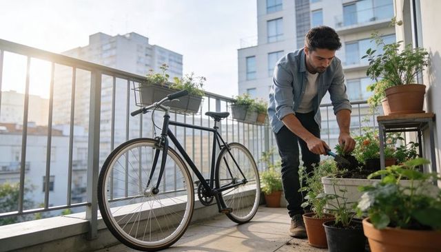 Sunlit urban balcony gardening: man planting herbs beside bicycle on apartment terrace