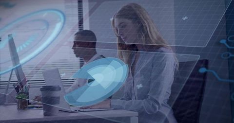Woman typing on laptop with holographic ui and data overlay in modern office workspace