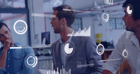 Business Team Analyzing Futuristic Financial Data Displays