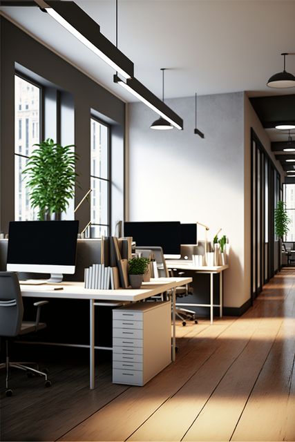 Modern office showing an open plan layout with large windows letting in natural light and lush green plants adding a touch of nature. Desks equipped with computers and organized office supplies contribute to a professional and productive environment. Ideal for use in business, corporate, and interior design related content.
