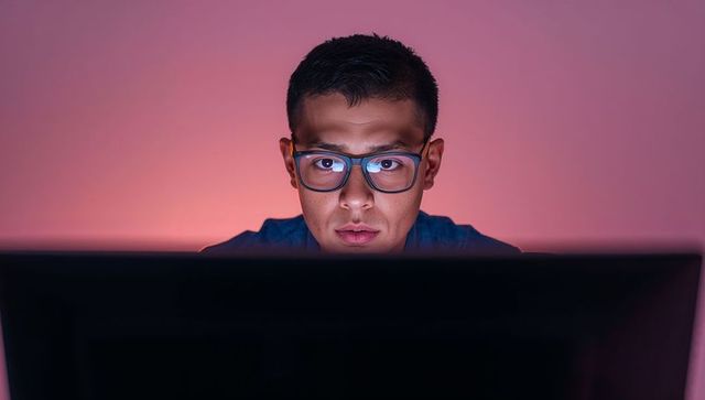Focused it professional working late at dimly lit home desk