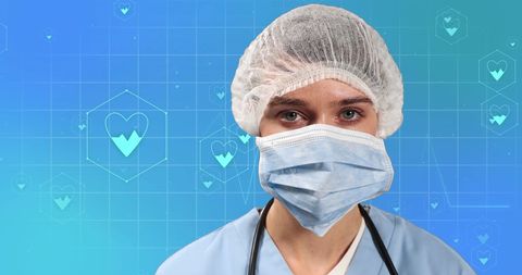 Caucasian Female Doctor with Mask and Medical Icons on Blue Background