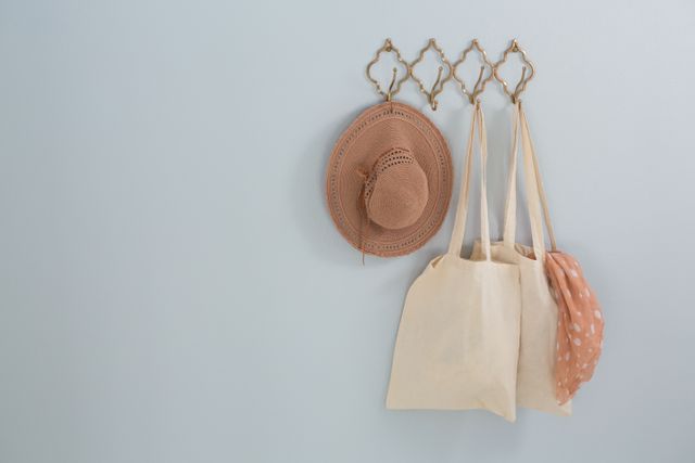 Hat, grocery bag and scarf hanging on hook against white wall