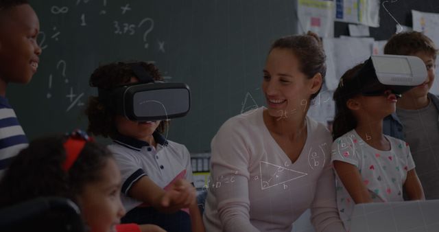 Teacher and Students Using VR Headsets in Classroom with Math Formulas - Download Free Stock Images Pikwizard.com