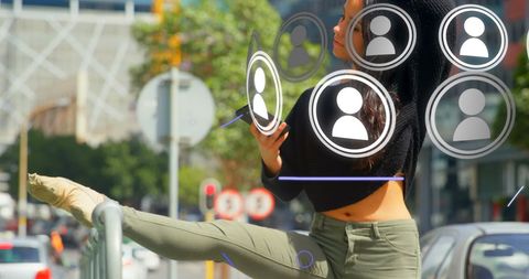 Businesswoman Balancing Fitness with Digital Technology Concepts