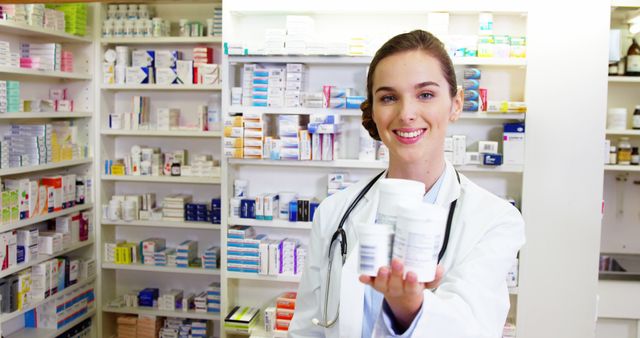 A smiling female pharmacist in a well-organized pharmacy holding prescription medication bottles. Ideal for use in healthcare advertisements, educational materials, and pharmacy promotional content. Highlights professional service, customer care, and pharmaceutical expertise.