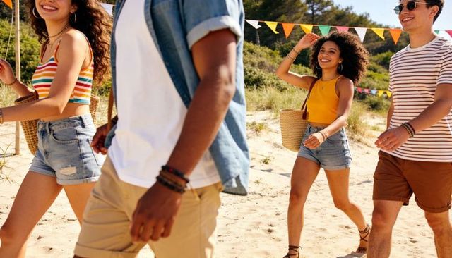 Friends walking on sunlit beach in casual summer outfits carrying straw totes, smiling