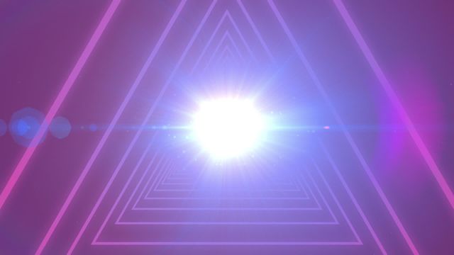 A vibrant illustration of a repeating triangular pattern with radiant light flares, set against a glowing pink background. It evokes a sense of futuristic technology and sci-fi themes, suitable for use in tech presentations, event backgrounds, or digital artworks.