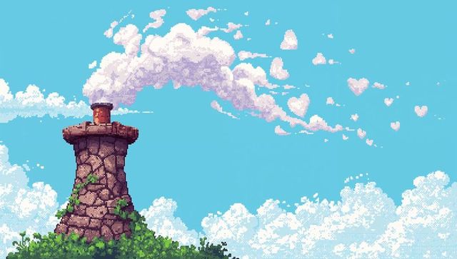 Emitting heart-shaped smoke from stone chimney on hilltop pixel art blue sky with vines
