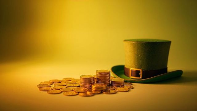 Stacked gold coins gleaming beside green leprechaun hat evoking St Patrick wealth and luck