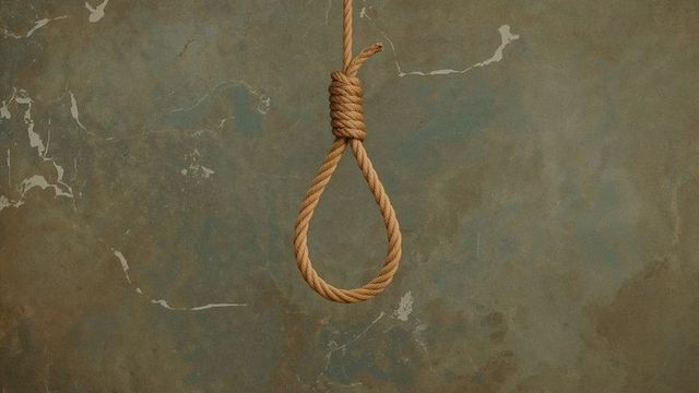 Hemp rope noose hanging against distressed wall