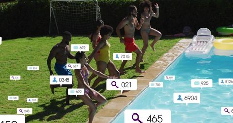 Friends sprinting toward backyard pool with social media notification tags and summer energy