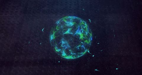 Holographic polygonal globe visualizing network flow and data fragmentation with wireframe glow