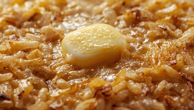 Butter melting into caramelized onion rice with glossy golden grains and salted glaze