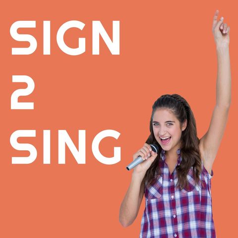 Joyous woman singing with raised hand and microphone