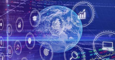 3D Globe with Holographic UI Icons and Global Financial Data Visualization