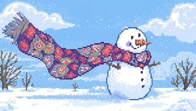 Pixel-art snowman wearing long floral scarf billowing on snowy plain, whimsical winter