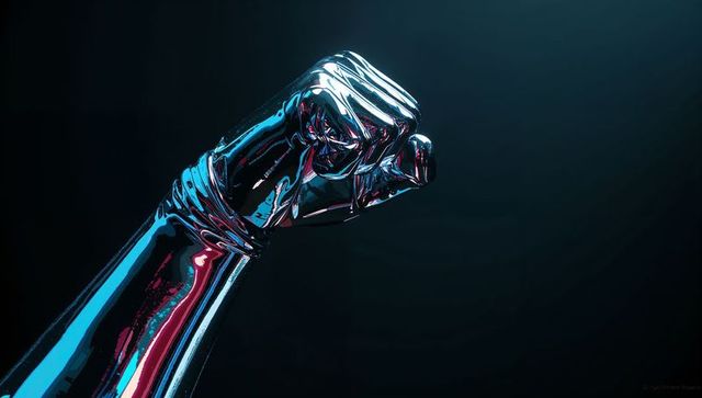 Shiny metallic robotic fist with neon highlights, futuristic concept