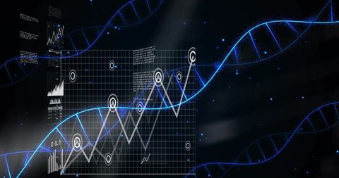Neon dna helix intersecting financial graphs for biotech data visualization and analytics