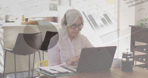 Businesswoman Analyzing Data with Headset in Modern Office