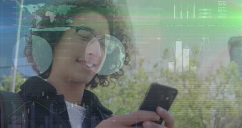 Happy Man Interacting with Smartphone and Digital Graph Overlays