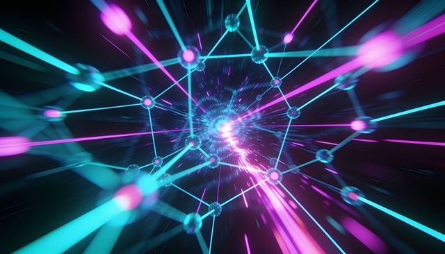 Racing neon network tunnel pulling toward vortex in 3d space with glowing nodes and electric sparks