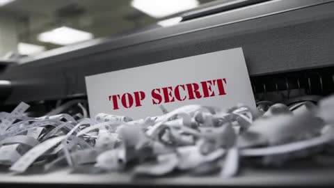 Industrial Shredder Shredding Top Secret Envelope While Paper Ribbons Scattering in Office