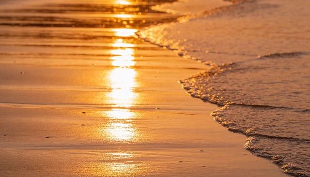 Golden sunset light reflecting on wet sand with gentle waves lapping shoreline