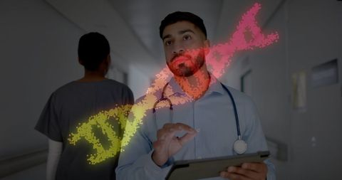 Doctors Analyzing Digital DNA Data in Hospital Corridor