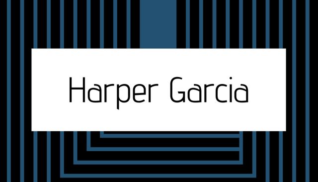 This image features a professional branding design with a bold, striped background and the name 'Harper Garcia' prominently placed in the center. Ideal for use in marketing materials, personal branding, or as a template for business cards, invitations, and portfolio covers. Conveys a sense of sophistication, modernity, and elegance.