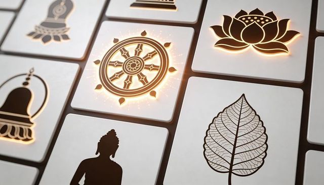 Glowing dharma wheel tile shining with lotus, bodhi leaf and bell ceramic motifs
