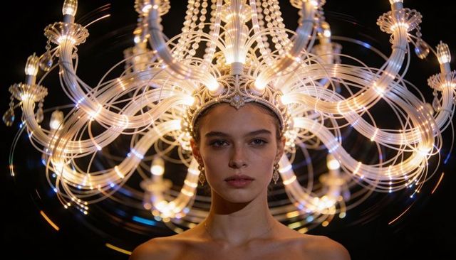 Model wearing illuminated chandelier crown and glass tiara, bare shoulders, luxury editorial