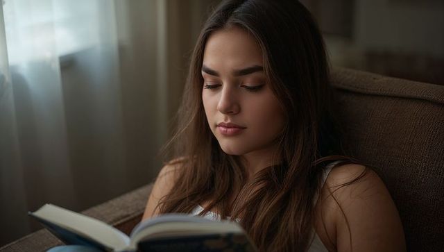 Young woman reading hardcover book on sofa near window in soft natural light
