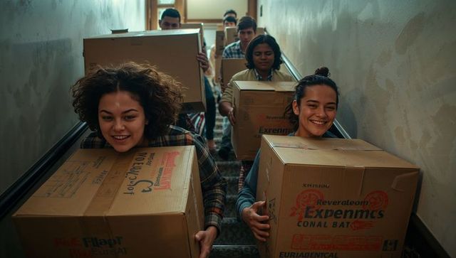 Roommates carrying moving boxes down narrow carpeted stairwell smiling on apartment move