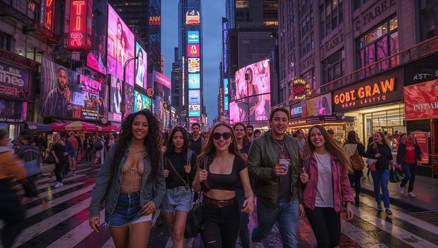 Friends walking through neon-lit times square at night smiling on busy crosswalk with billboards