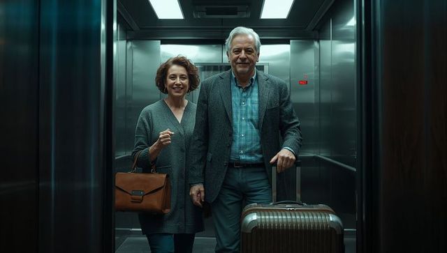 Senior couple boarding elevator with suitcase and leather handbag, smiling during travel