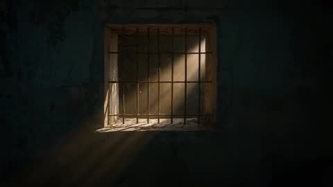 Sunbeams streaming through iron-barred window in abandoned cell, dust particles drifting
