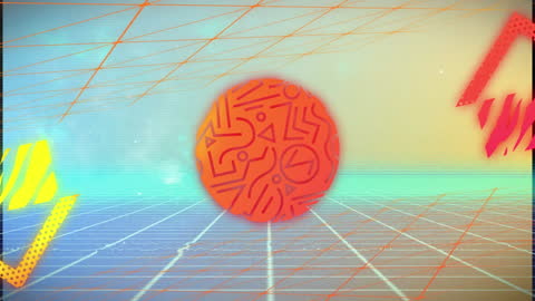 Futuristic Neon Abstract Digitized Shape Over Energetic Grid Pattern