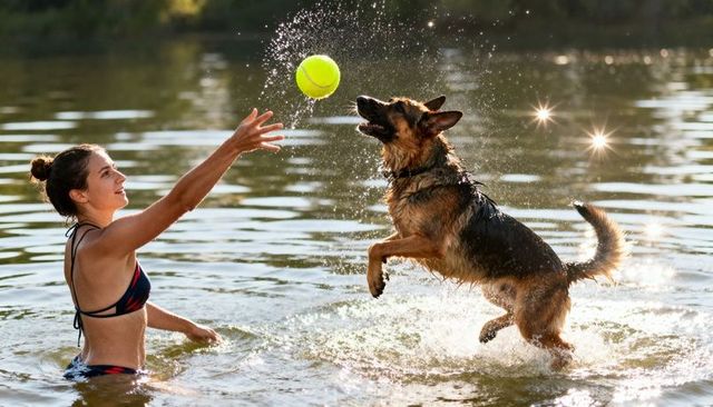 Woman tossing neon tennis ball while german shepherd leaping and splashing in lake
