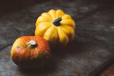 Two Autumn Pumpkins on Rustic Surface