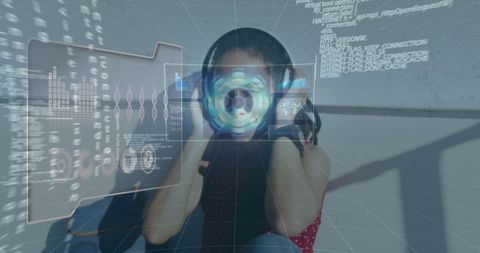 Innovative Digital Interface Display Over Biracial Woman